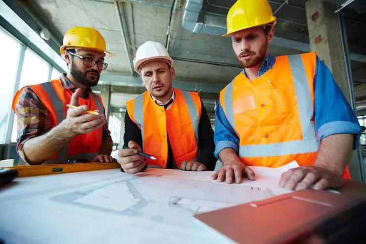 Equipe de engenharia de colete e capacete analisando a planta de uma obra sobre uma prancheta no canteiro